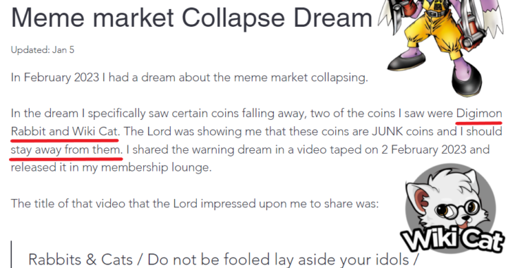 Wikicat & Digimon Rabbit Crypto Warning shared by Kim at MyKingYeshua