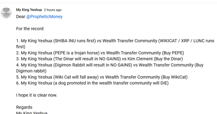 MyKingYeshua Warns: Wealth Transfer Community’s Investments May Fail!